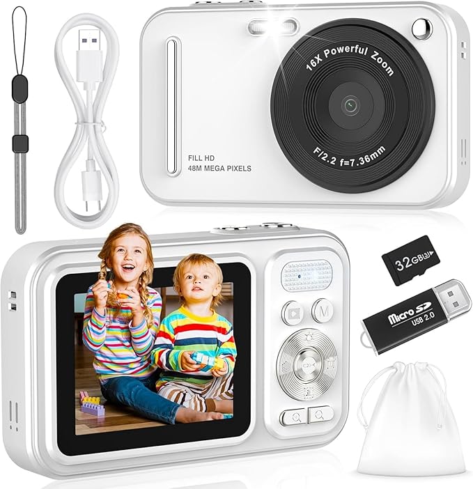 Digital Camera for Kids, WITYEAH 48MP FHD 1080P Point and Shoot Digital Cameras with 16X Zoom Anti-Shake, Compact Portable Cameras for Photography, for Boys Girls Teens Beginners,White-CubbioJoy