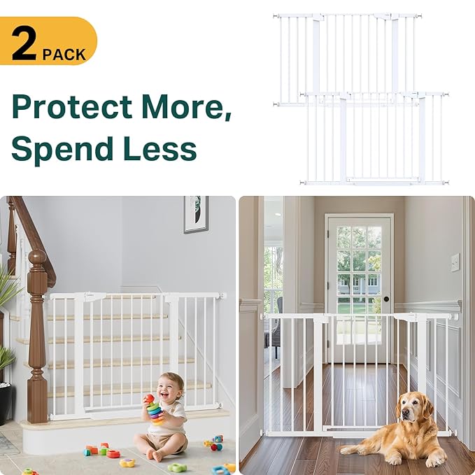 Cumbor 2 Pack 29.7"-48" Baby Gate for Stairs, Mom's Choice Awards Winner-Dog Gate for Doorways, Pressure Mounted Auto-Close Pet Gates for Dogs Indoor, Safety Child Gate with Easy Walk Thru Door,White-CubbioJoy