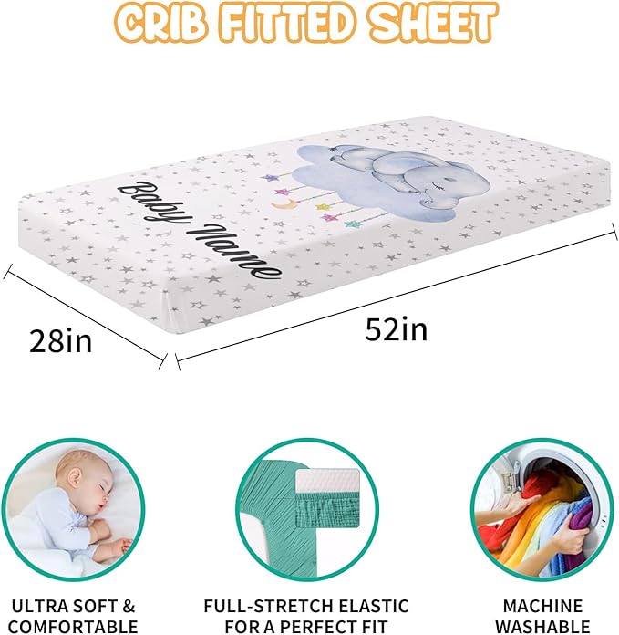Custom Crib Bedding Set - Elephant Design Personalized Name Baby Nursery Bed 3 Pcs Set - Chic Soft Blanket with Dotted Backing, Sheet, Pillowcase for Newborn Girls Boys Gifts Color17-CubbioJoy