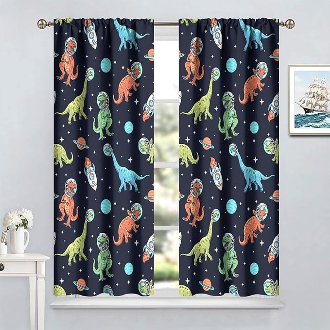 Cartoon Dinosaur Curtains for Kids Boys Girls Home Decor, Astronaut Rocket Funny Outer Space Blackout Rod Pocket Window Drapes for Bedroom Living Room W21xL63in 2 Panels-CubbioJoy