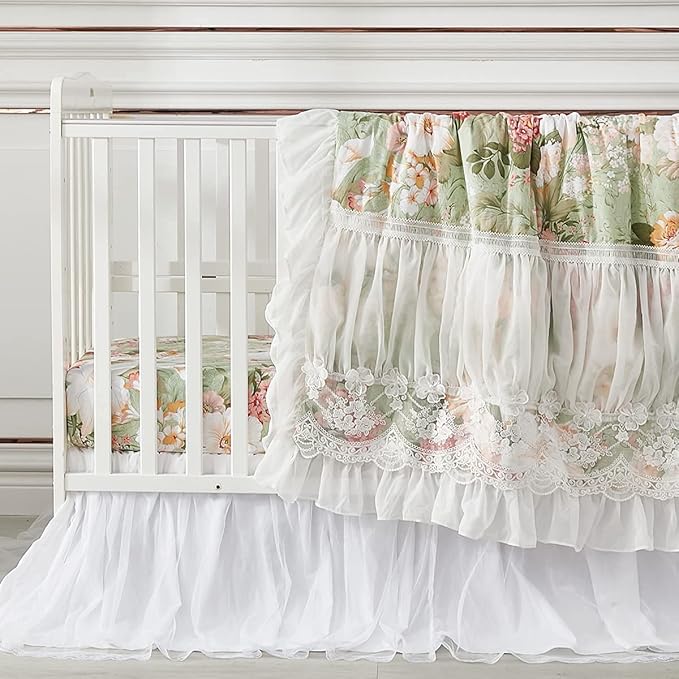 Brandream Crib Bedding Sets for Girls Garden Floral Nursery Set 3-Piece | Ruffled Baby Comforter, Crib Sheet and Tulle Lace Crib Bed Skirt, Green White-CubbioJoy