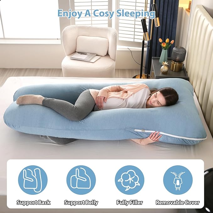 Amagoing Cooling Pregnancy Pillow for Sleeping, U Shaped Maternity Full Body Pillow for Women with Hip, Leg, Back Pain Support, Removable Cooling Cover Included (Light Blue)-CubbioJoy