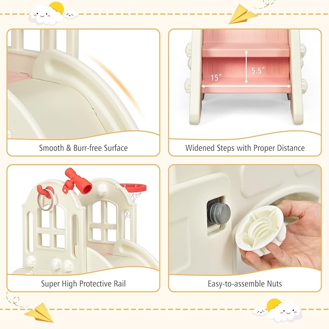 BABY JOY Toddler Large Slide, 6 in 1 Slide for Kids with Basketball Hoop, Ring Toss, 2 in 1 Convertible Climbing Way, Freestanding Kids Slide Climber Set for Indoors Outdoor Boys Girls Gifts Present-CubbioJoy