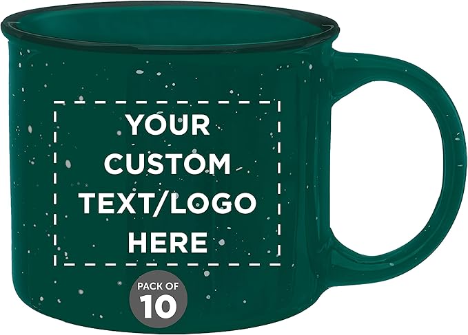 DISCOUNT PROMOS Custom Ceramic Campfire Coffee Mugs 13 oz. Set of 10, Personalized Bulk Pack - Perfect for Tea, Espresso, Cappuccino, Hot Cocoa - Green-CubbioJoy