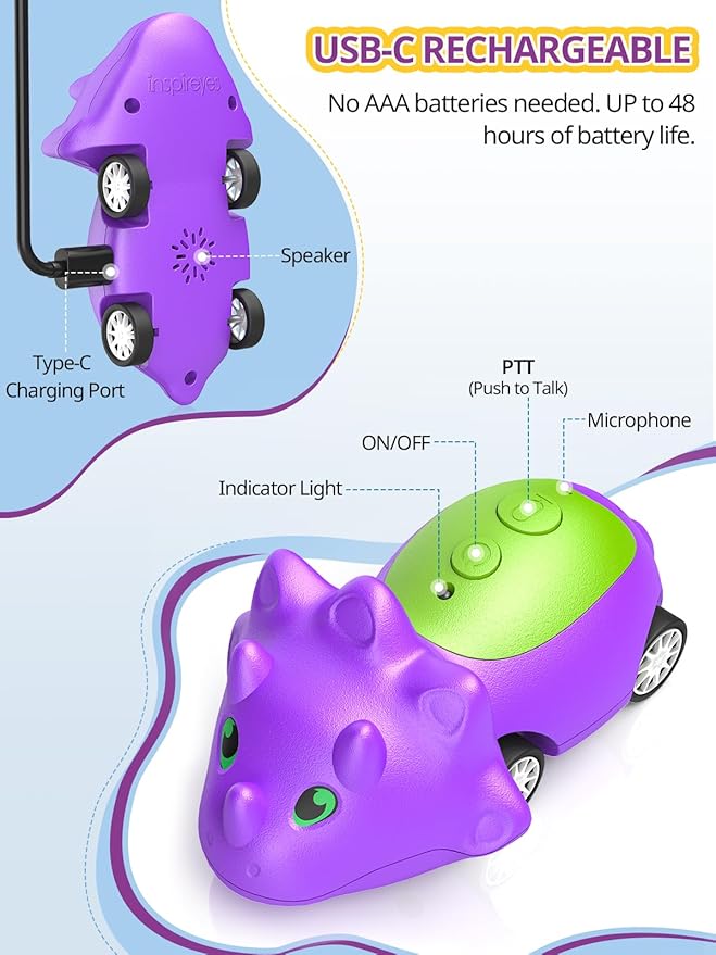 Dinosaur Walkie Talkies for Kids Rechargeable, Dino Toy Cars for Boys & Girls Ages 3-7, Crystal-Clear Audio, 48 Hours of Play, Fun Indoor & Backyard, Birthday Gift for Toddler, 2 Pack-CubbioJoy