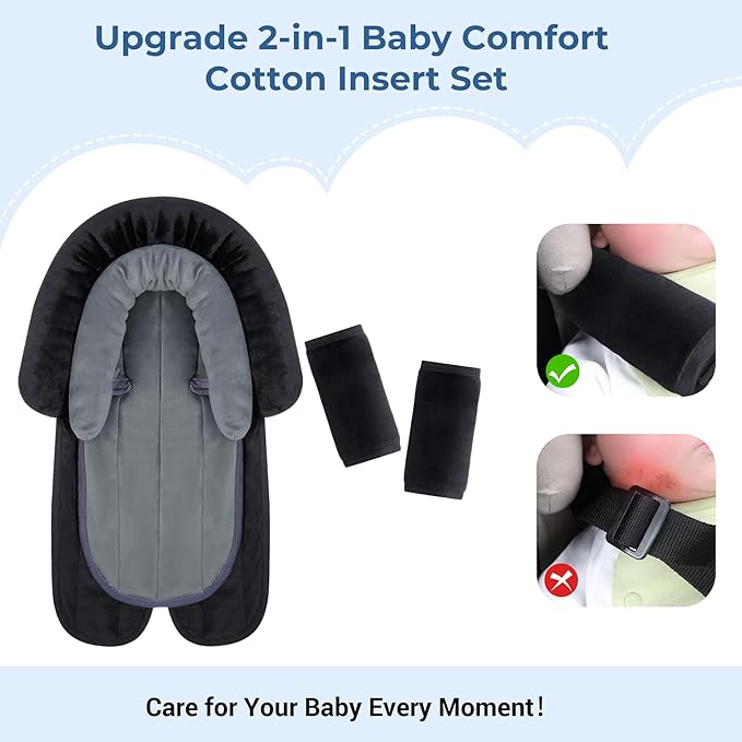 COOLBEBE New Babybody Support & Strap Covers Set for Newborn Infant Toddler- Extra Soft Stroller Cushion Pads Car Seat Insert, Perfect for Carseats, Strollers, Swings, Black-CubbioJoy