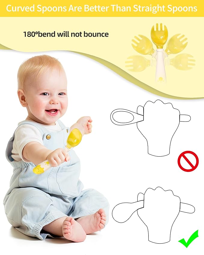 Deejoy Toddler Utensils, Self-feeding Flatware Set withTravel Case, Baby Spoons and Forks with Silicone Bendable Handle, Easy Grip Heat-Resistant, Ideal for Kids, Stage 2 (Yellow)-CubbioJoy