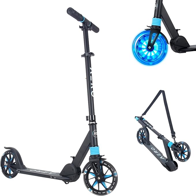 Aero Big Wheels Kick Scooter for Kids 6+, Teens & Adults | Light Up Wheels, Hand Brake, Rubber Deck Mat & Shock Absorption | Foldable & Height Adjustable-CubbioJoy