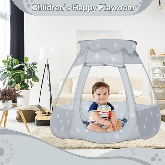 Baby Ball Pit for Toddler with 50 Balls, Kids Pop Up Play Tent for Girls, Princess Toys Gifts for Children Indoor & Outdoor Playhouse (Gray: Gray/White/Babyblue, 109x90cm/50 Balls)-CubbioJoy