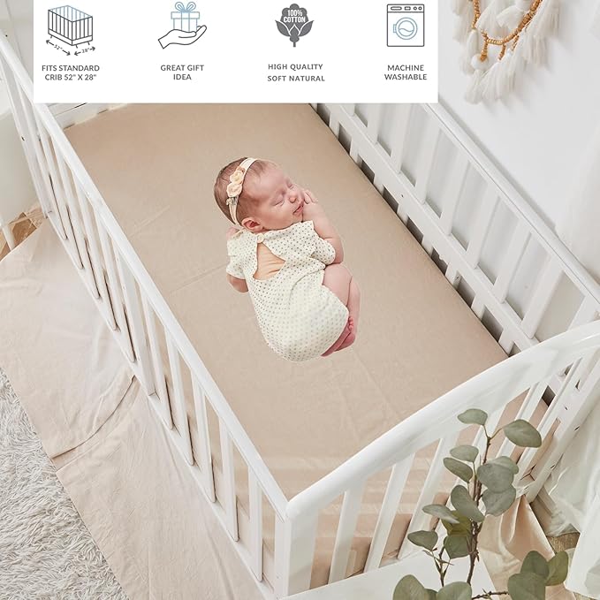 Brandream 3 Pieces Crib Bedding Set for Girls or Boys Quilt,Crib Sheet,Dust Ruffle Skirt, 100% Washed Cotton Like Linen Supersoft Farmhouse Chic Boho Beige Classic Quilted Plaid Design-CubbioJoy