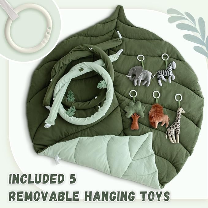 Baby Play Gym with Mat Leaf Shaped, Baby Play Mat with 6 Hanging Toys Tummy Time Mat, Baby Gym Activity Center, Washable (Green)-CubbioJoy