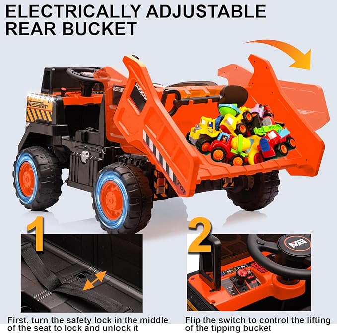 24V Ride On Dump Truck, 24inch-2 Seater Ride On Car for Kids w/Remote Control 4WD/2WD Up to 5 Mph, 24v Ride on Toys for Big Kids w/Electric Dump Bed Extra Shovel Traffic Cones (Orange)-CubbioJoy