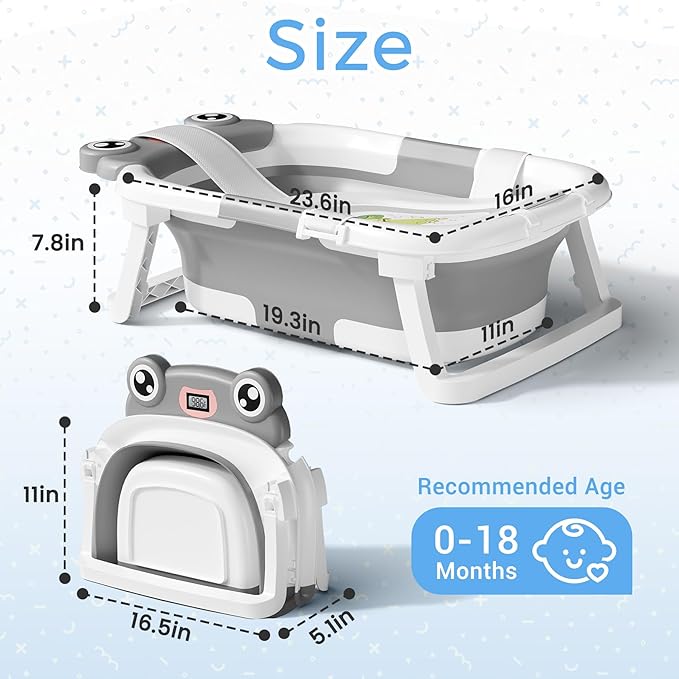 Baby Bathtub, Collapsible Newborn Bathtub for Infant to Toddler 0-24 Months with Soft Cushion and Thermometer,Portable Travel Newborn Tub with No-Slip Feet, Baby Shower Gifts,Grey-CubbioJoy