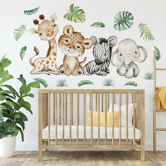 44.88 x22.98 Inch Watercolor Jungle Animal Wall Decals - Tiger, Elephant, Zebra Peel & Stick Wall Art Stickers for Baby Nursery, Playroom, Bedroom, Classroom & Kindergarten Decor-CubbioJoy