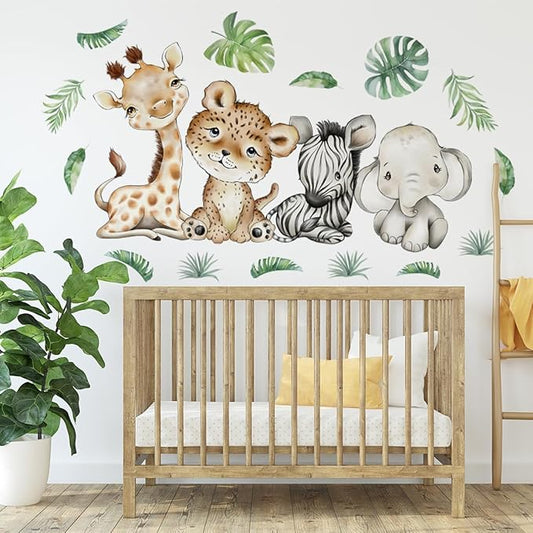 44.88 x22.98 Inch Watercolor Jungle Animal Wall Decals - Tiger, Elephant, Zebra Peel & Stick Wall Art Stickers for Baby Nursery, Playroom, Bedroom, Classroom & Kindergarten Decor-CubbioJoy