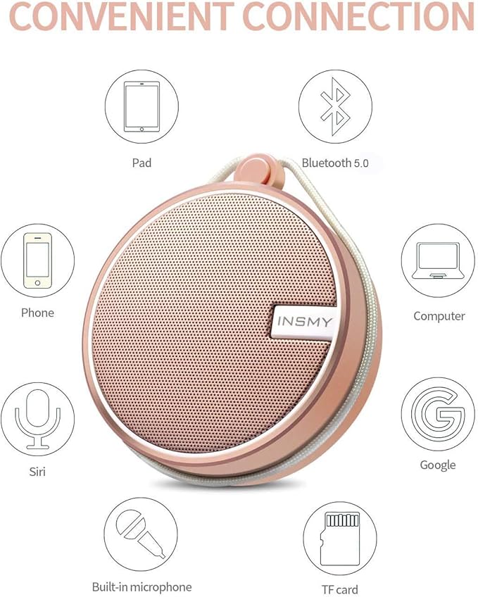 INSMY C12 IPX7 Waterproof Shower Bluetooth Speaker, Portable Small Speaker, Speakers Bluetooth Wireless Loud Clear Sound Support TF Card Suction Cup for Outdoor Kayak Canoe Beach Gift (Cashmere Pink)-CubbioJoy
