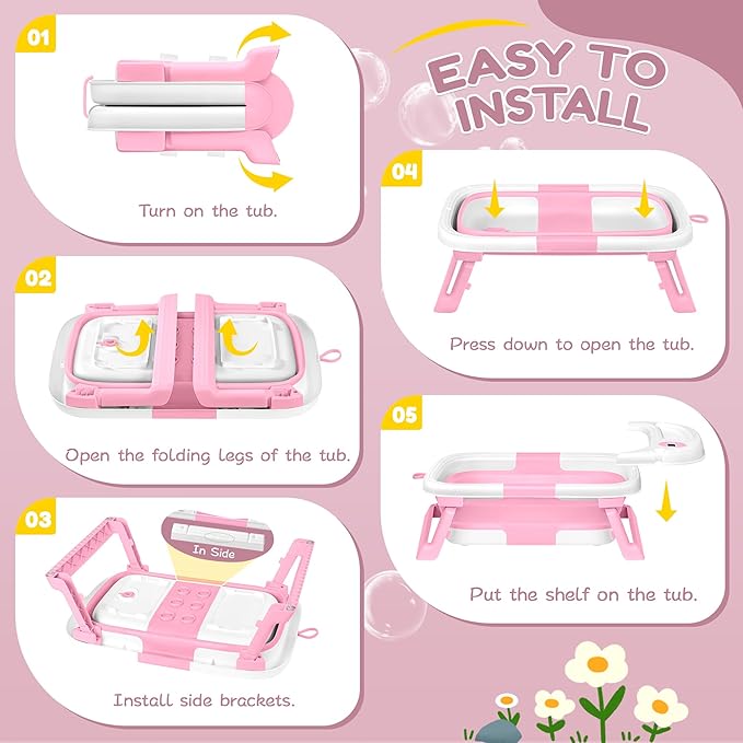 Collapsible Baby Bathtub,Baby Bath Tub with Thermometer & Soft Cushion,Baby Bathtub for Newborn to Toddler 0-36 Months,Portable Travel Baby Tub with No-Slip Feet,Baby Shower Gifts,Pink-CubbioJoy