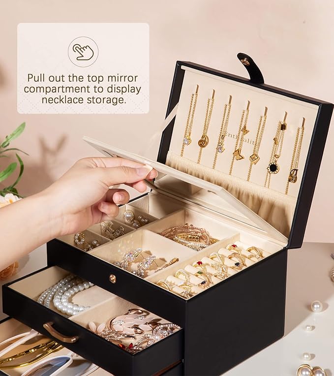 Black Jewelry Box Organizer: Home Decor for Women - 2-Drawer Holder for Valentine’s Day Birthday Christmas Black Gold-CubbioJoy