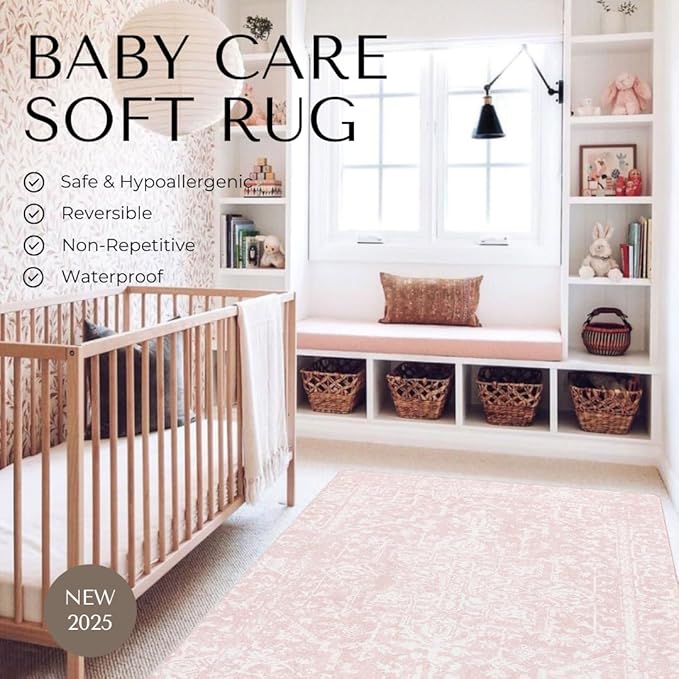 Baby Care Soft Rug (Prestige, Ikat - Inca Pink) 98'' x 59'' Original One-Piece Reversible Rollable Waterproof Play Mat for Infants, Babies, Toddler, and Kids-CubbioJoy
