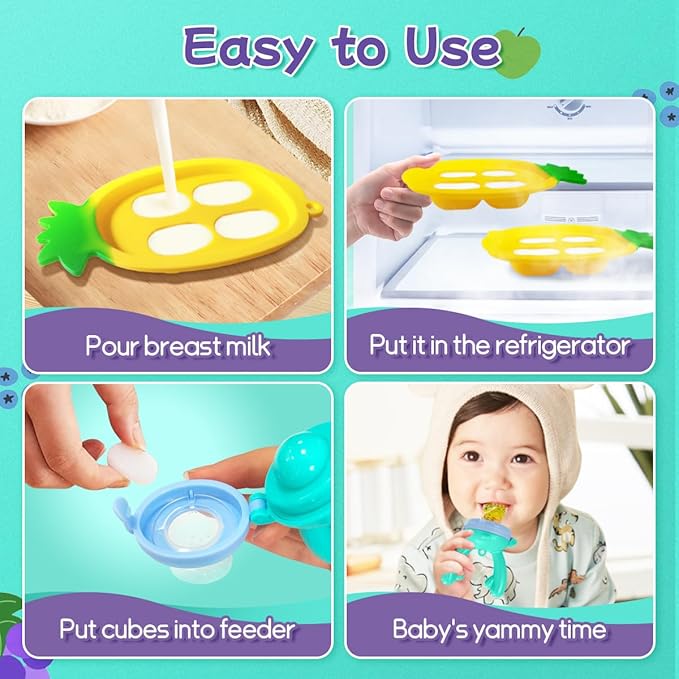 Baby Fruit Food Feeder - Silicone Nibble Tray Combo - Breastmilk Popsicle Mold for Cooling Relief, BPA Free Mesh Feeder for Infant Self Feeding (Antler Blue + Pineapple)-CubbioJoy
