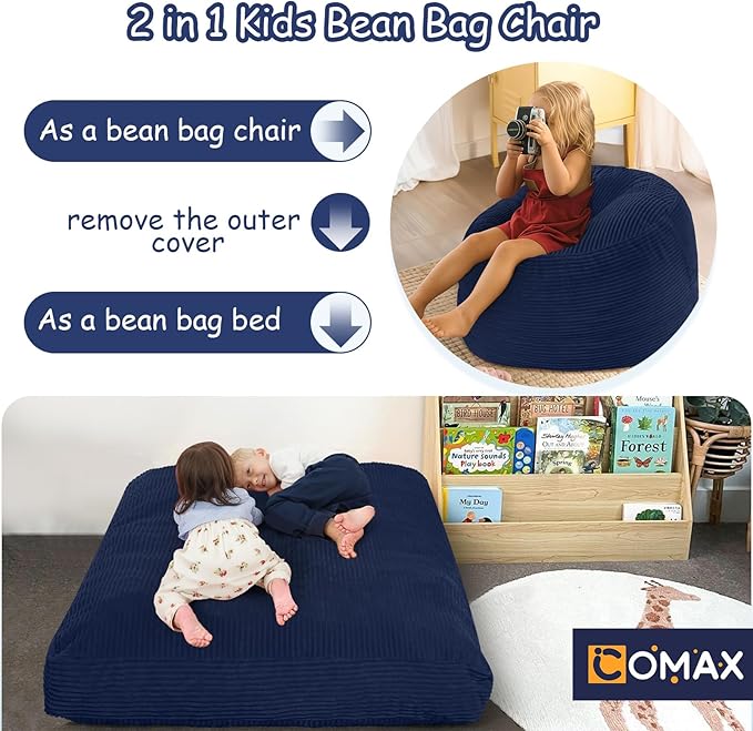 COMAX Kids Bean Bag Chair Turn into Beanbag Bed, Toddler Bean Chair Corduroy for Girl Boy Sleeping, Lazy Children Bean Bags with Filler, Convertible Child Floor Mattress, Dark Blue-CubbioJoy
