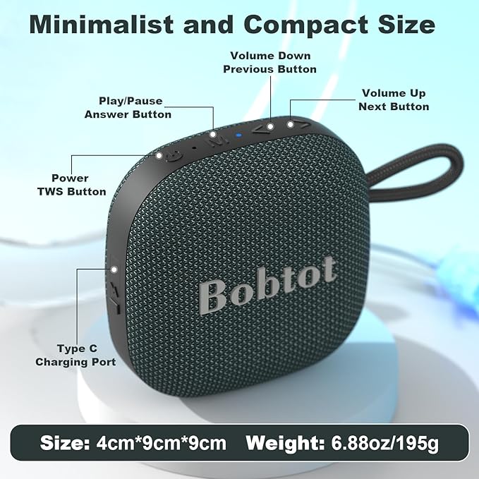 Bobtot Portable Wireless Bluetooth Speaker - IPX7 Waterproof Show Speakers with 16H Playing Time, Loud Stereo Sound, Built-in Mic, TWS, Small Size with Carry Lanyard, DarkBlue-CubbioJoy