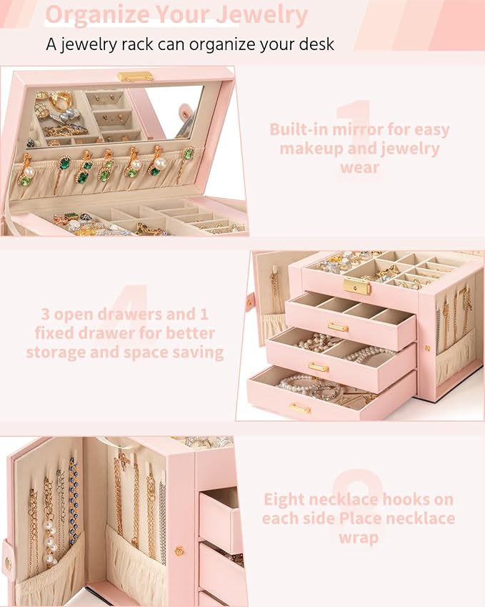 AKOZLIN Large 4-Tier Jewelry Box Leather Jewelry Storage Organizer with 3 Drawers Lockable for Women Girls Ring Necklace Earring Bracelet Watches Holder with Mirror Pink-CubbioJoy