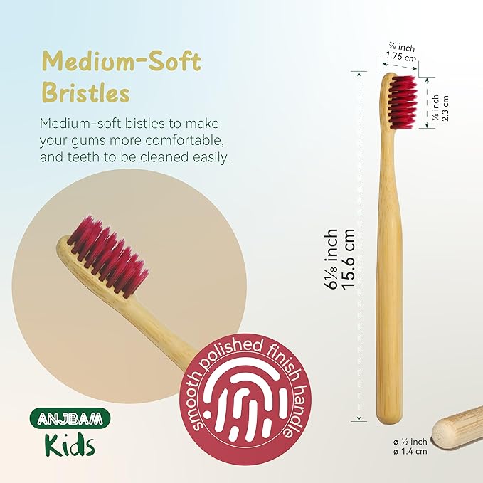 Children Bamboo Toothbrushes for 3 y+ Tots, BPA Free Bristles, Medium Soft, 6 PCS Bamboo Toothbrush for Dental Hygiene, Compostable and Sustainable, Classic Rounded Handle for Easy Grip-CubbioJoy