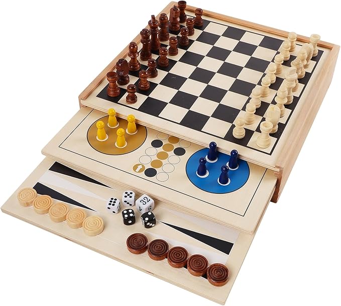 Juegoal 7-in-1 Wooden Board Game Set for Kids Adults, Tabletop Combo Classic Travel Portable Board Games (Chess, Checkers, Chinese Checkers, Backgammon, Parcheesi, Snakes and Ladders, Tic Tac Toe)-CubbioJoy