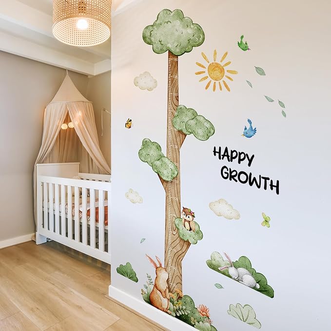 3D Cartoon Height Growth Chart for Kids Wall Stickers Removable DIY Jungle Animals and Plants Height Sticker Peel and Stick Sun White Clouds Wall Art Decor for Nursery Kids Bedroom Living Room-CubbioJoy