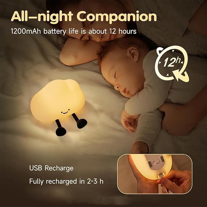 Cloud Night Light for Kids, Adorable Touch Night Lamp Silicone Dimmable LED Nightlight for Nursery Rechargeable Bedside Night Lights for Bedrooms Breastfeeding-CubbioJoy