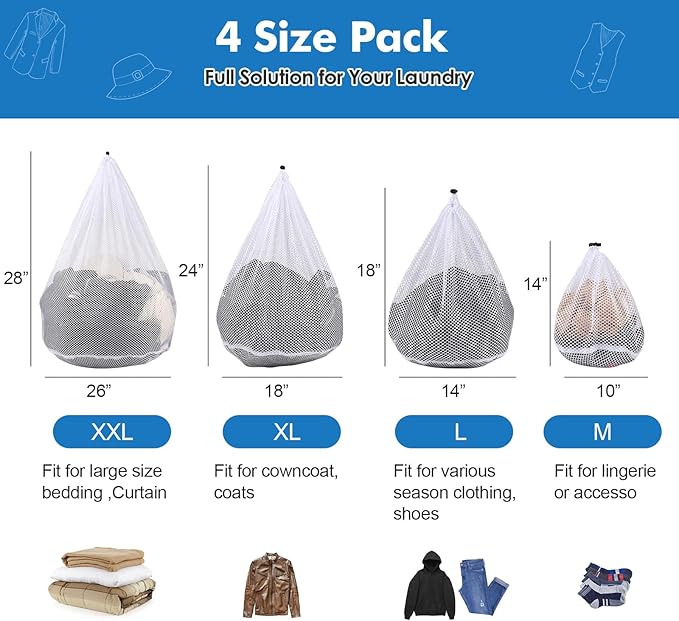 4Pcs Mesh Laundry Bags Washing Machine Mesh Wash Bags for Clothes,Underwear,Lingerie, Bed Linen with Drawstring Closure Sturdy(4 Size)-CubbioJoy