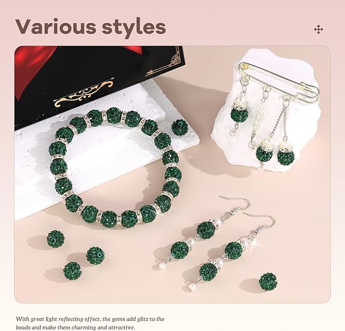 160pcs 10mm Rhinestone Beads for Jewelry Making, Dark Green Shiny Round Disco Ball Beads Bulk, Sparkle Crystal Clay Christmas for Bracelet Baseball Necklace Earring Crafting and DIY-CubbioJoy