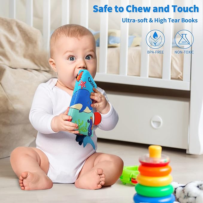 BARMACO Baby Soft Touch and Feel Crinkle Cloth Books for Infants & Toddlers, Learning Toys, Early Development Interactive Sensory Toys, Ocean Animal Tails, Gifts for Boys & Girls-CubbioJoy