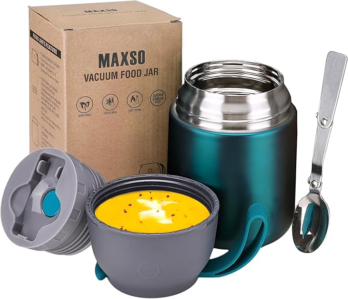 Insulated Thermo Food Jar for Hot & Cold Food for Kids Adult, 17 oz Soup Thermal Hot Food Containers for Lunch, Triple Layer Insulation Stainless Steel Food Jar with Spoon (Green)-CubbioJoy