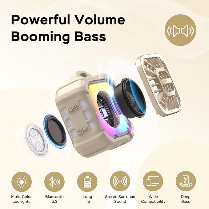 INSMY Shower Bluetooth Speaker, IP67 Waterproof Portable Small Multi Sync 100+ Speakers, Big Volume Booming Bass, 24H Playtime/Floatable/RGB Lights for Outdoor/Kayak/Beach/Golf (Khaki)-CubbioJoy