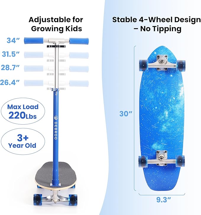 2-in-1 Kids Skateboard & Lean-to-Steer Scooter with Detachable Handlebar, LED Light-Up Wheels, Adjustable Height – Beginner Surf Skateboard for Ages 3+-CubbioJoy