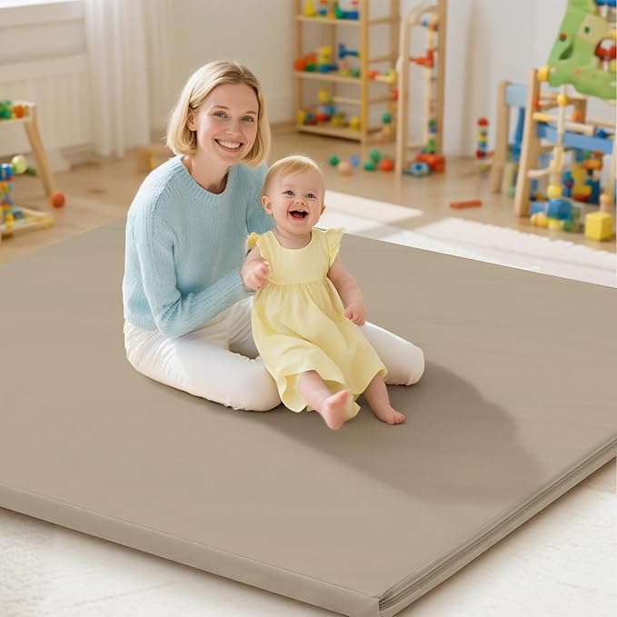 Baby Play Mat 47x47 Inches, Extra Thick 1.2" Foam Floor Mat for Tummy Time & Crawling, Waterproof Non-Slip Faux Leather Playpen Mat for Infants Toddlers, Indoor Outdoor Gym Activity, Brown-CubbioJoy