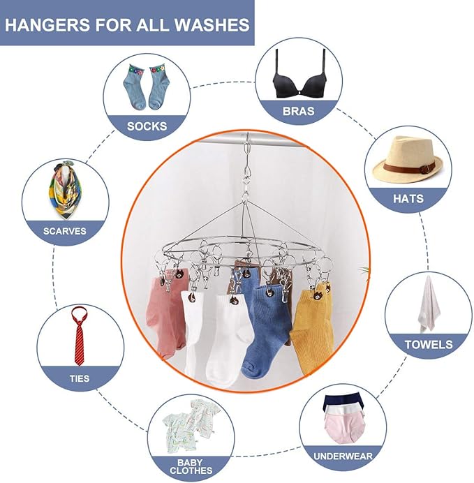 CenYouful 2 Pack Stainless Steel Round Hanging Drying Rack with 20 Clips for Drying Socks, Baby Clothes, Bras, Towel, Underwear, Hat, Scarf, Pants, Gloves-CubbioJoy