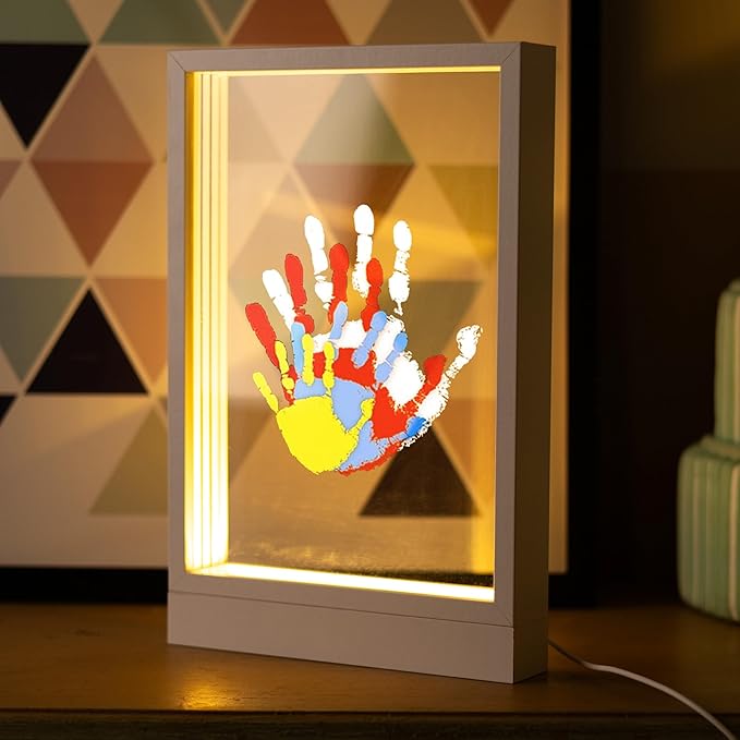 CHERRY CHEERS Family Handprint Kit with Light, Handprint Keepsake Frame, Wooden Led Light, Easy Install, No Need Screw etc, Non-Toxic Paints (White)-CubbioJoy