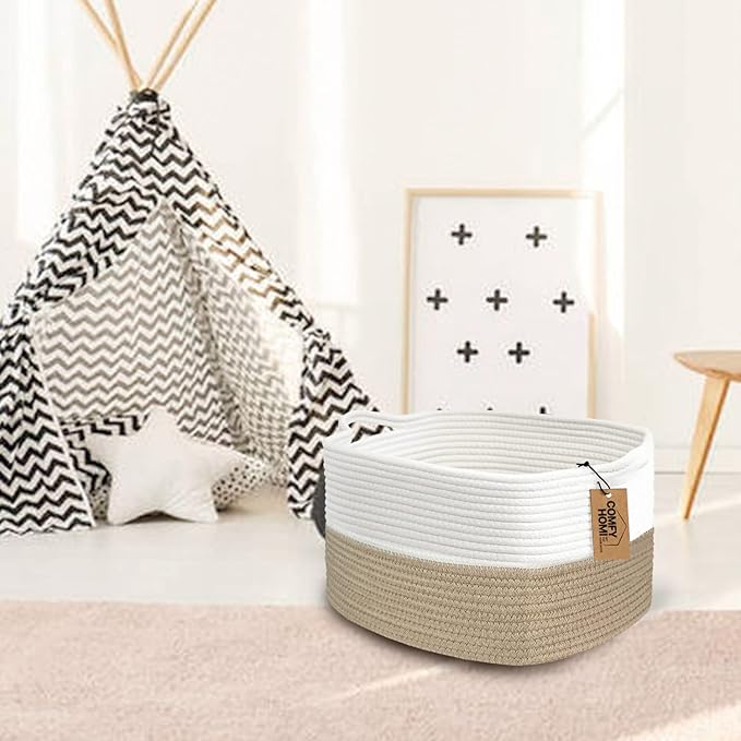 COMFY-HOMI Cotton Rope Woven Basket with Handles for Shelves,Toys,Book, Cloth Storage Baskets Bin for Organizing-13.5"x11"x9.5" Toy Decorative Organizer for Living Room, Bathroom-Light Brown-CubbioJoy
