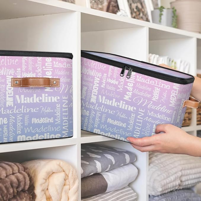 Custom Storage Basket with Name, Personalized Storage Bins with Zipper Lid, Foldable Fabric Storage Box Large capacity with Handle Pink Purple-CubbioJoy