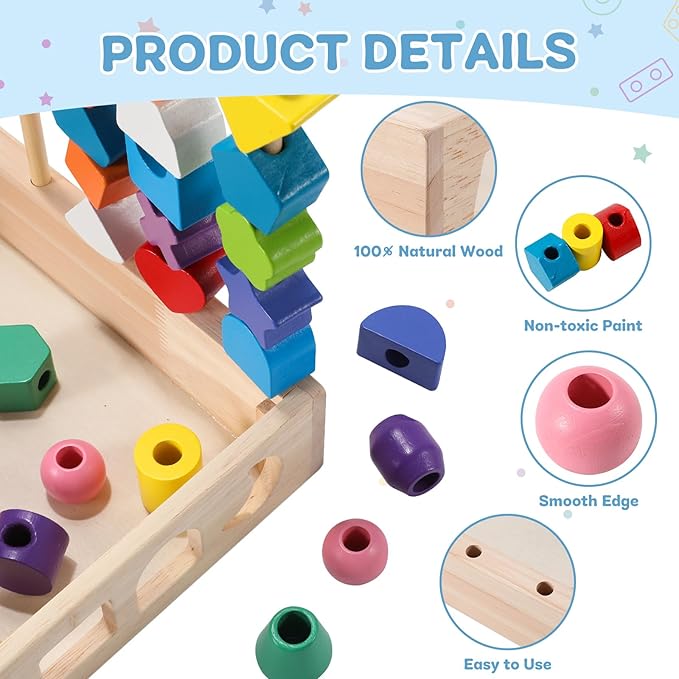 3 in 1 Montessori Wooden Beads Sequencing Toy Set - Color Sorting Stacking Geometric Shape Matching Game Beads Sequencing Toy Lacing Beads Stem Fine Motor Skills for Toddlers-CubbioJoy