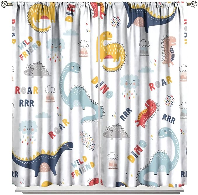 Cartoon Dinosaur Curtains for Kids Boys Girls Home Decor Colorful Cute Dino Animals Print Pattern Rod Pocket Blackout Window Drapes for Nursery Baby Bedroom Playroom W26xL84in 2 Panels-CubbioJoy