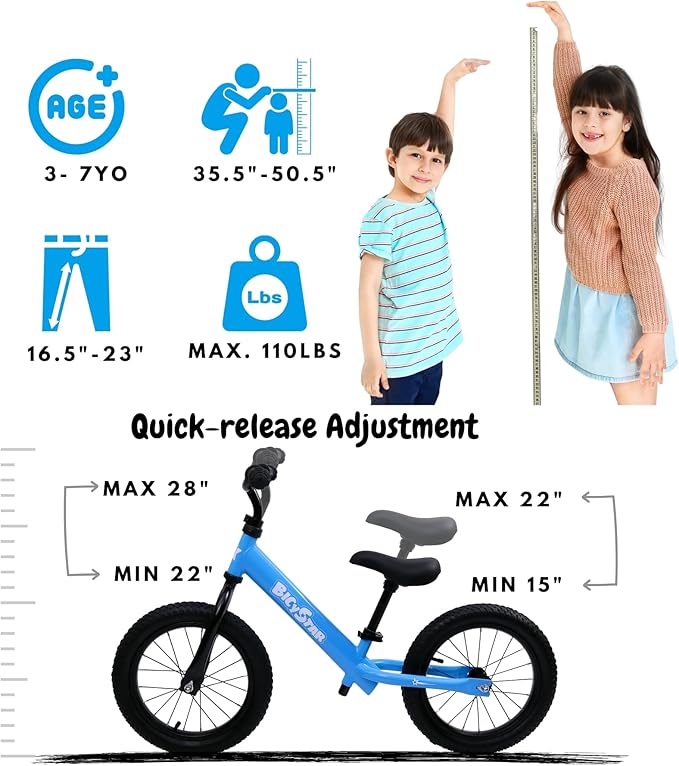 14 Inch Balance Bike for Kids 3-7 Year Old, Kids Bike with No Pedals, Air Rubber Tires, Adjustable Height, Pedalless Kids Bicycle for Boys, Girls-CubbioJoy
