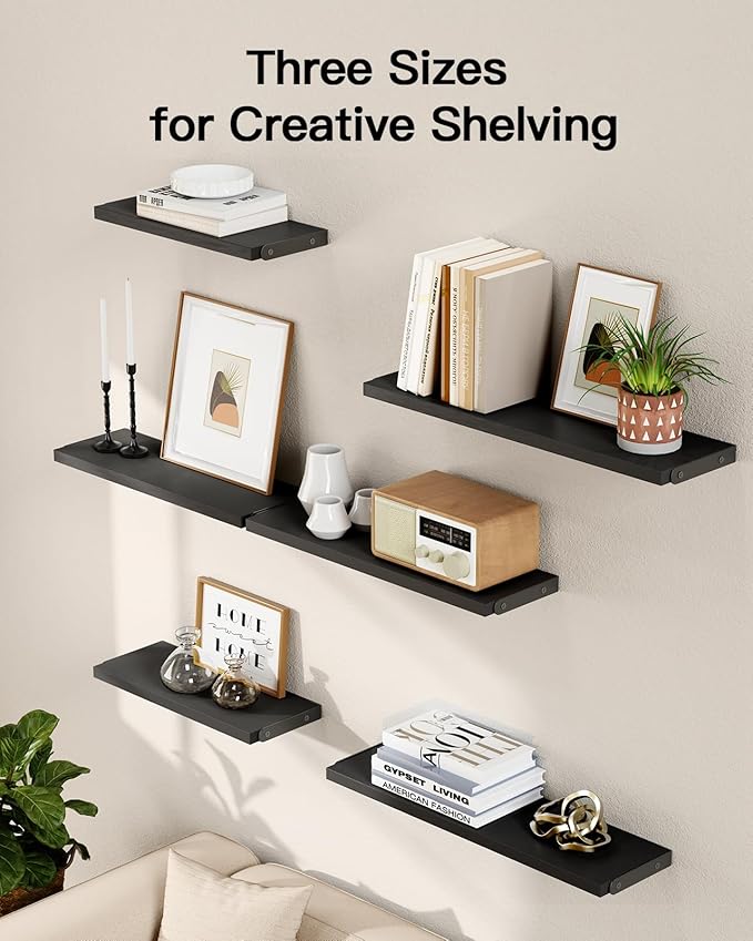 AMADA HOMEFURNISHING Wall Shelves Set of 6, Wood Floating Shelves for Decor, Rustic Farmhouse for Bedroom, Bathroom Storage, Book Shelves for Living Room, Black-CubbioJoy