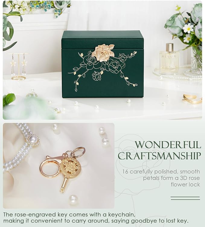 Jewelry Box with Lock for Girls: Jewelry Organizer for Dresser - 3-Drawer Earrings Storage Girls Women Gift (Dark Green)-CubbioJoy