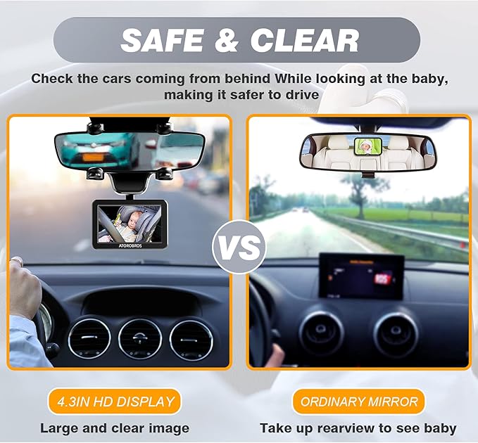 Baby Mirror for Car, ATOROBROS Baby Car Camera for Rear-Facing Seat with 4.3'' HD Display, Upgrade 360° Rearview Mirror Display Bracket, Easy and Safe to See Baby while Driving-CubbioJoy