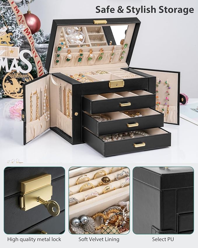 AKOZLIN Large 4-Tier Jewelry Box Leather Jewelry Storage Organizer with 3 Drawers Lockable for Women Girls Ring Necklace Earring Bracelet Watches Holder with Mirror Black-CubbioJoy
