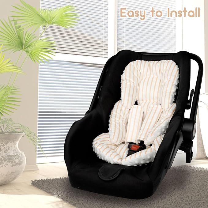 Infant Car Seat Insert, Car Seat Head Support Baby Girls Boys, Soft & Reversible Newborn Carseat Insert Cushion with 2 Strap Covers, for Stroller, Swing, Bouncer (Brown Line)-CubbioJoy